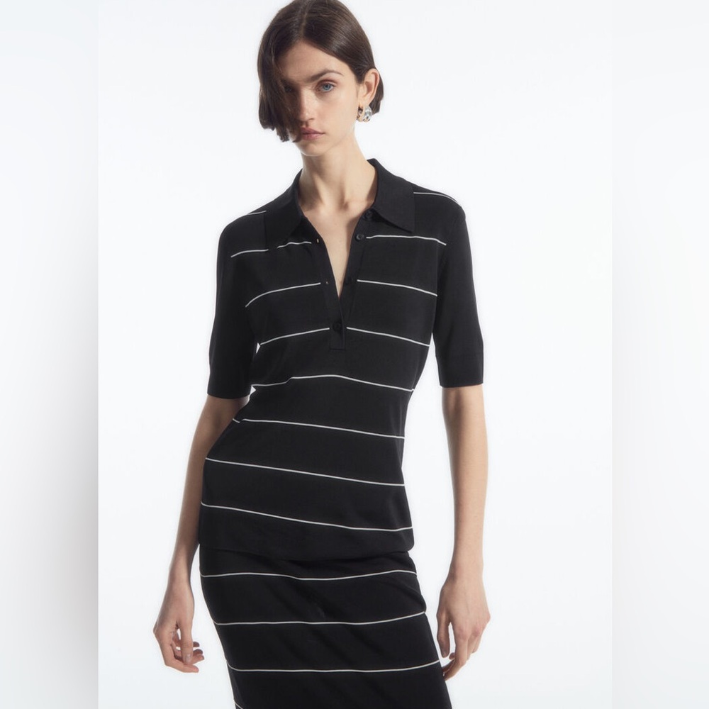 COS Women’s Knitted Polo Shirt Black Stripe Size Large